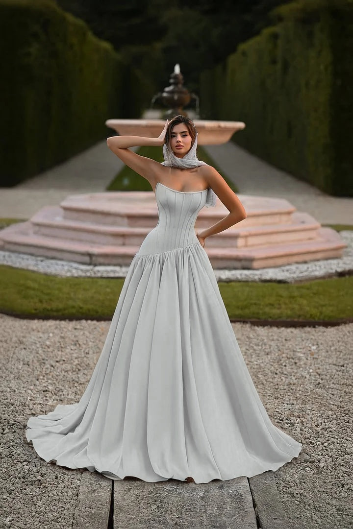 Satin Strapless Sleeveless Long A-Line Prom Dress With Pleated And Corset YK0797