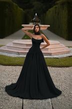 Satin Strapless Sleeveless Long A-Line Prom Dress With Pleated And Corset YK0797