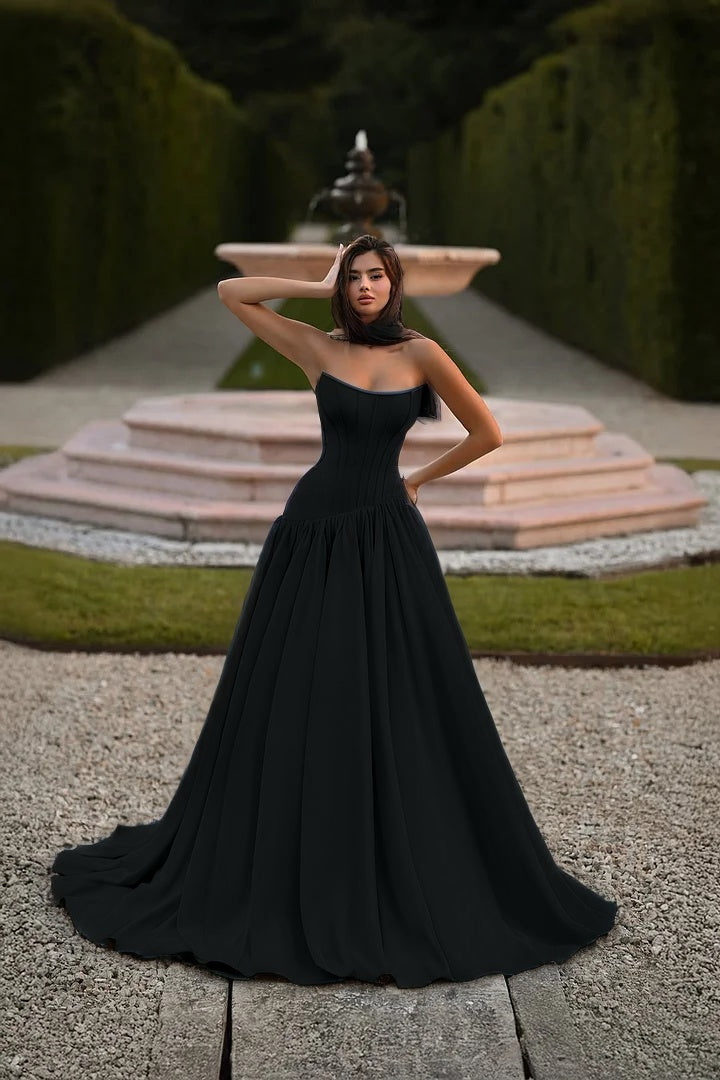 Satin Strapless Sleeveless Long A-Line Prom Dress With Pleated And Corset YK0797
