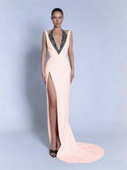 Halter V-Neck Wide Shoulder Straps Sleeveless Long Mermaid Prom Dress With Beadings And Split YK0734