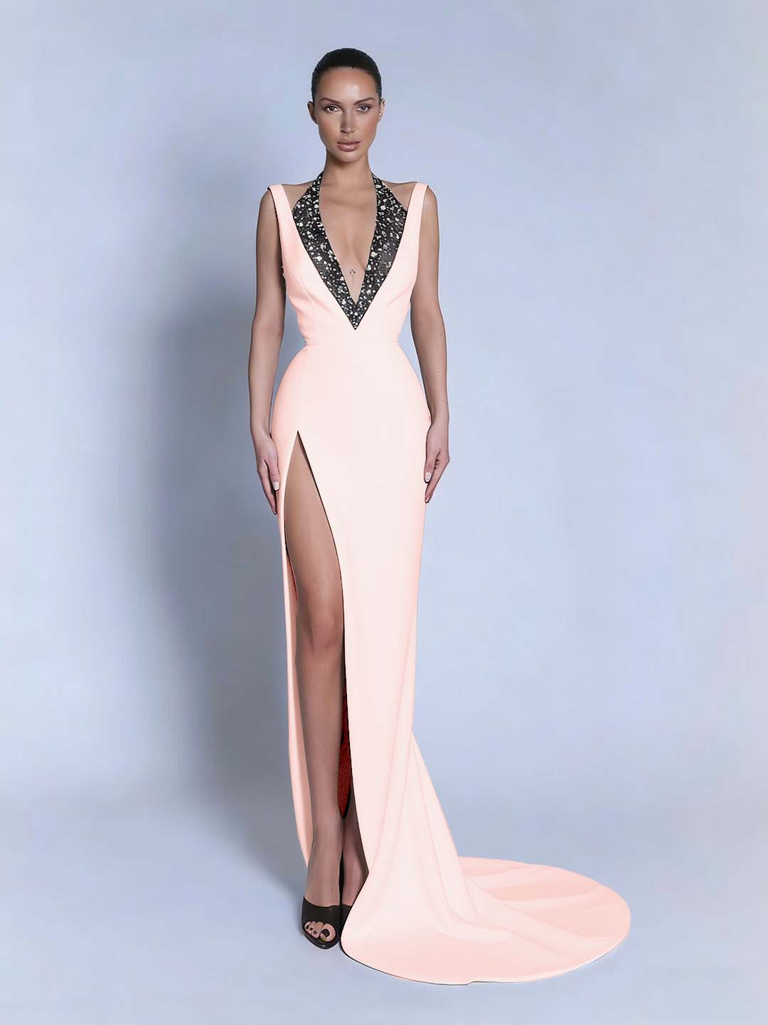 Halter V-Neck Wide Shoulder Straps Sleeveless Long Mermaid Prom Dress With Beadings And Split YK0734
