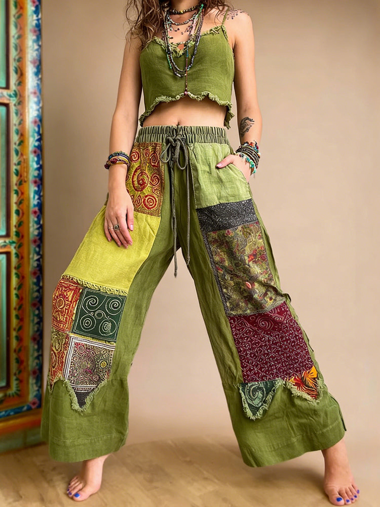 Hippie Bohemian Patchwork Blockprint Linen Trousers
