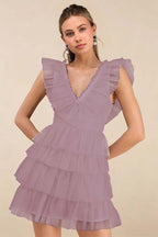 Cocoslly V-Neck Wide Straps Sleeveless Short A-Line Pleated Prom Dress With Ruffles | Black Tulle ZA0212