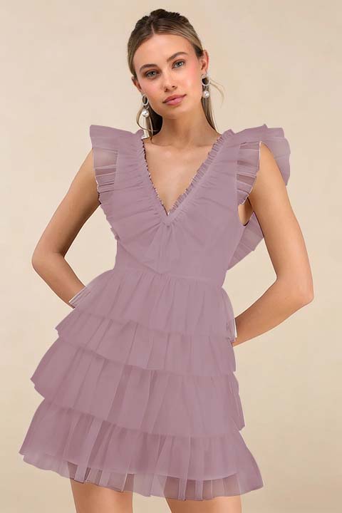 Cocoslly V-Neck Wide Straps Sleeveless Short A-Line Pleated Prom Dress With Ruffles | Black Tulle ZA0212
