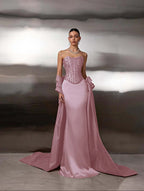 Satin Strapless Sleeveless Long Mermaid Prom Dress With Ruffles And Sequins YK0759
