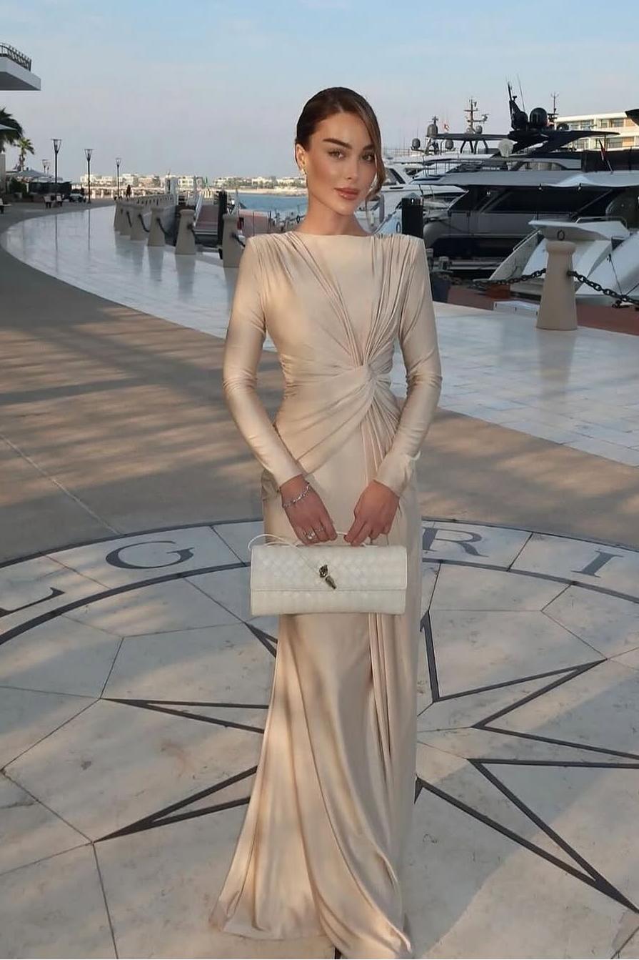 Chic Jewel Long Sleeves Mermaid Long Prom Dress With Pleated XJ0364