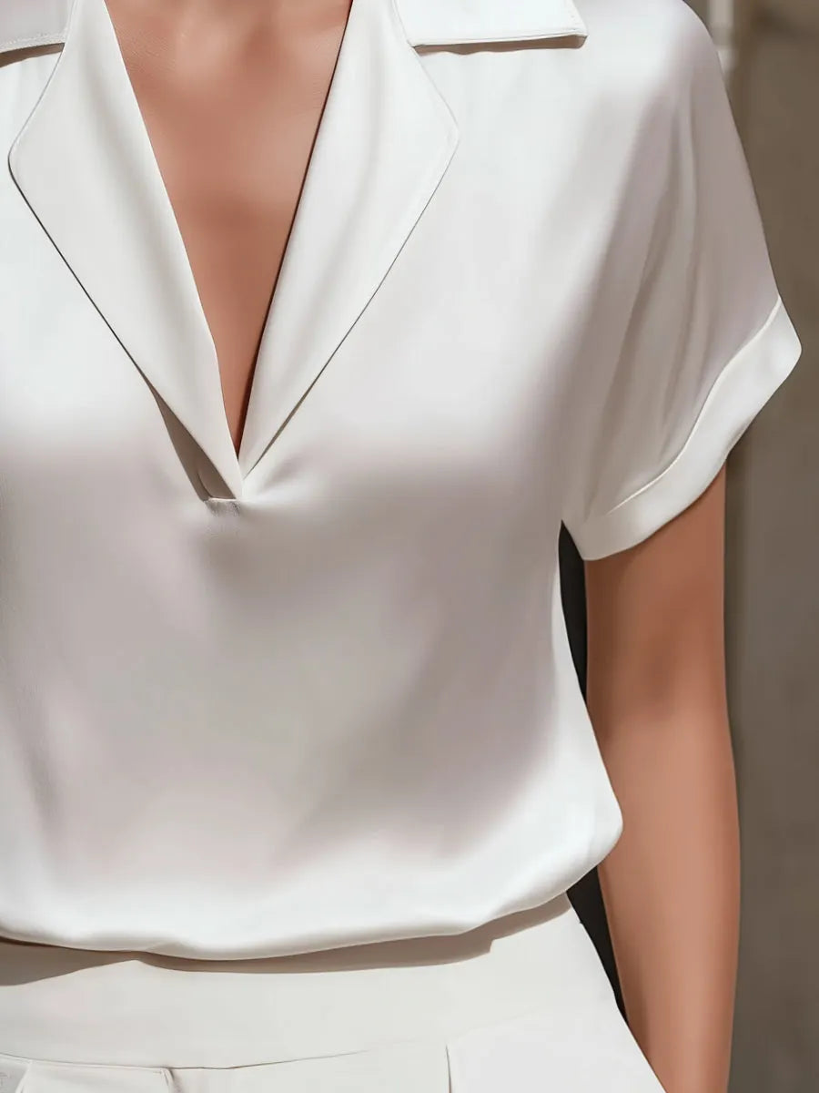 Relaxed Satin Notch Collar Short Sleeve Blouse