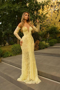 Cocoslly Strapless Sleeveless High Waist Long Mermaid Prom Dress With Gloves | Glod Lace WQ0318