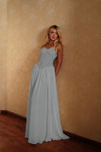 Cocoslly Spaghetti Straps Sleeveless High Waist Long Prom Dress | Glod Champage Chiffon YC0559
