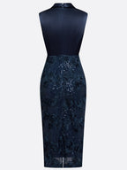 Purplish Blue 3D Floral Glitter Classic V Neck Sleeveless Sheath Midi Dress