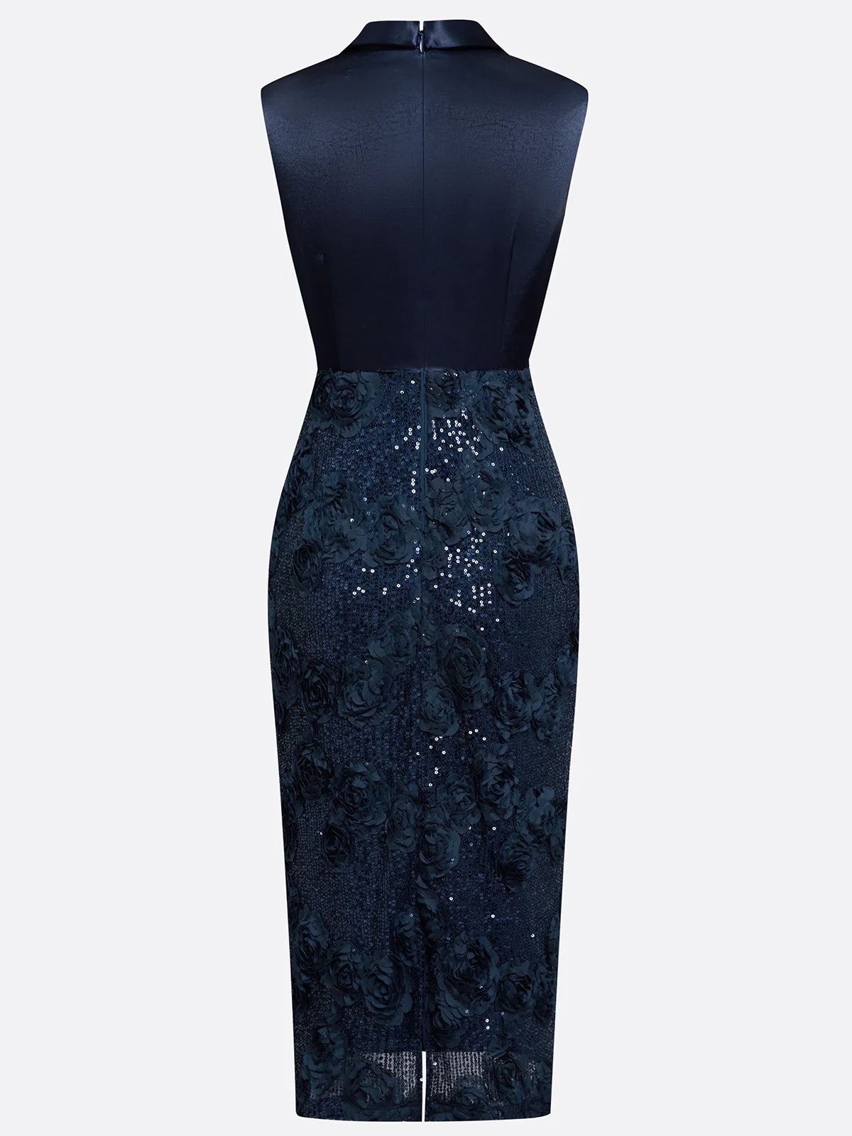 Purplish Blue 3D Floral Glitter Classic V Neck Sleeveless Sheath Midi Dress