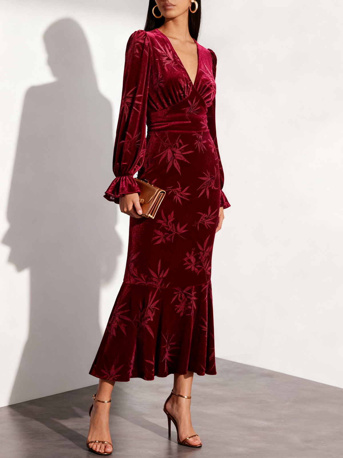 Wine Red Embossed Jacquard Velvet V Neck Long Sleeve Bell Sleeve Mermaid Maxi Dress
