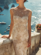 Champagne Embroidery Lace Boat Neck Sleeveless Sheath Maxi Dress