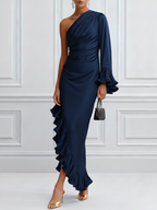 Navy Blue Ruffled Satin One Shoulder Long Sleeve Bell Sleeve Sheath Maxi Dress
