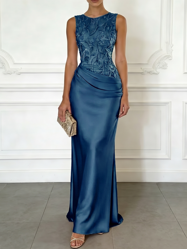 Purple Embroidery Satin Crew Neck Sleeveless Sheath Gown Dress