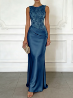 Light Pink Embroidery Satin Crew Neck Sleeveless Sheath Gown Dress