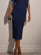 Navy Blue Faux Pearl Classic Crew Neck Half Sleeve Sheath Midi Dress