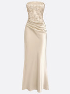 Champagne Lace Jacquard Satin Strapless Sleeveless Mermaid Gown Dress
