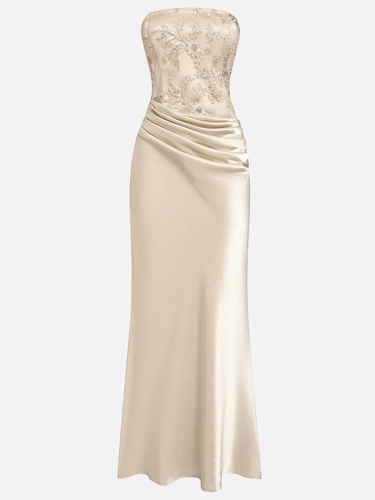 Champagne Lace Jacquard Satin Strapless Sleeveless Mermaid Gown Dress