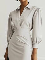 Women Light Gray Ruched Shirt Collar Long Sleeve Dressy Top With Skirt Two-Piece Set