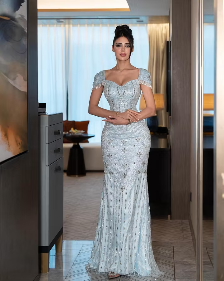 Cocoslly Short Sleeves High Waist Long Mermaid Prom Dress With Rhinstone | Silver Sequins YK1264