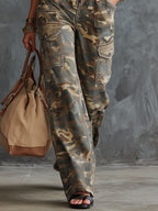 Western Retro Military Green Camouflage Denim Sleeveless Jumpsuit