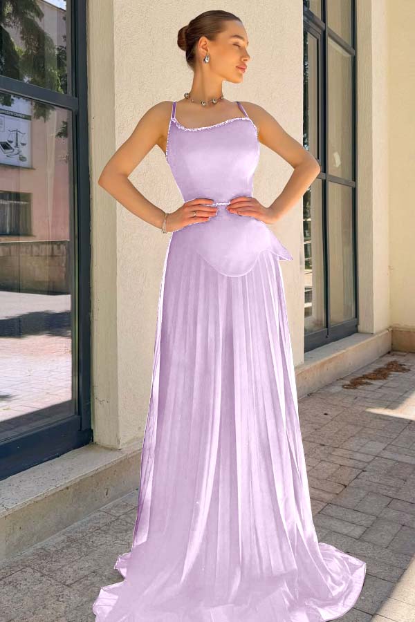 Spaghetti Strap Sleeveless Long Prom Dress With Pleated Sequins WQ0188