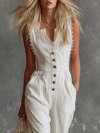 Elegant Vintage Western V-neck Front Buttons Lace Trim White Cotton Jumpsuit
