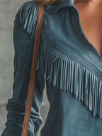 Western Retro Blue Tassel Long-Sleeved Faux Suede Shirt