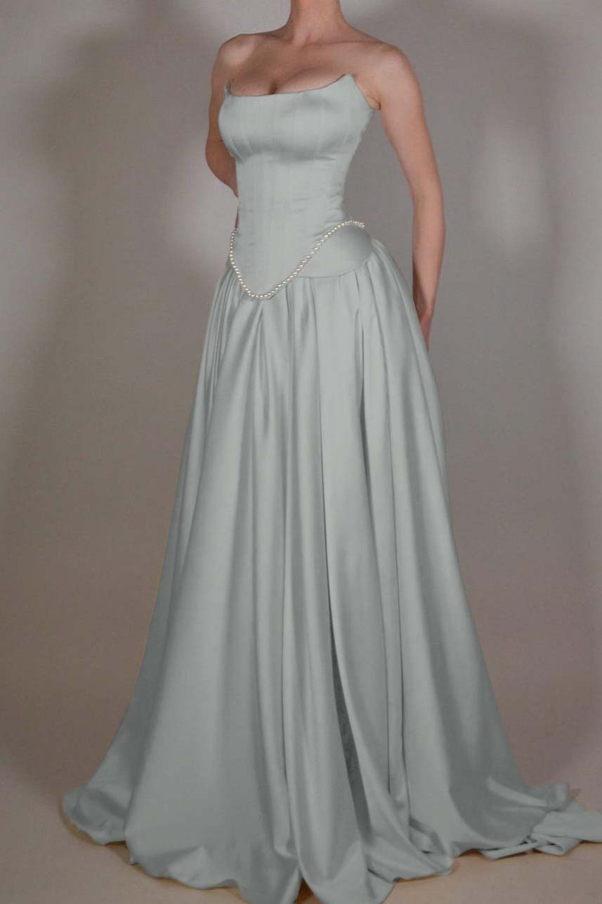 Cocoslly Strapless Sleeveless Long A Line Prom Dress With Pleated Beading