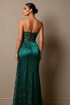 Cocoslly Spaghetti Straps Sleeveless High Waist Long Prom Dress With Split And Beading Pearls | Dark Green Satin LX0098
