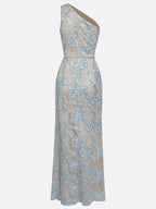 Light Blue Lace Jacquard One Shoulder Sleeveless Mermaid Floor-length Gown Dress