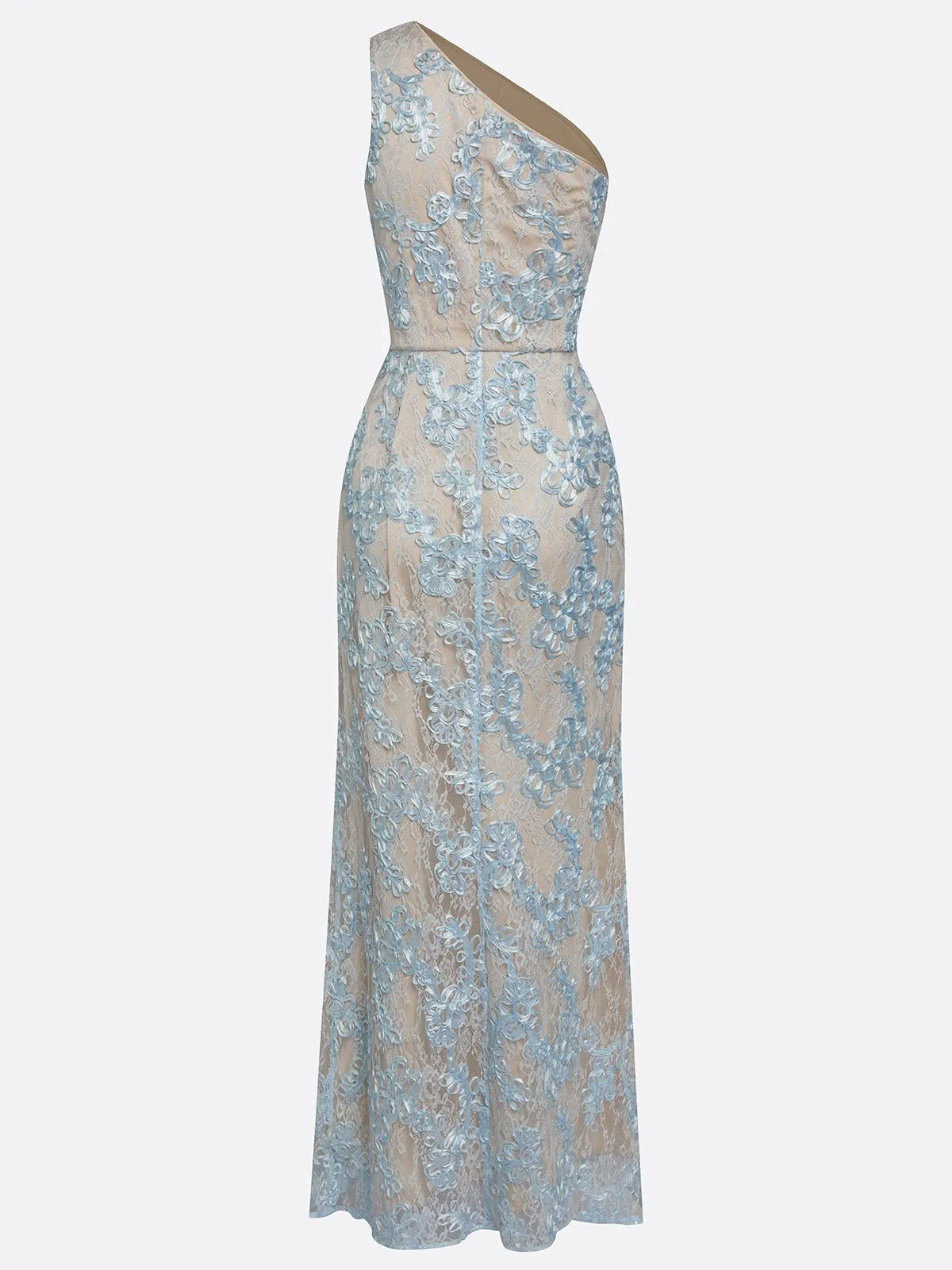 Light Blue Lace Jacquard One Shoulder Sleeveless Mermaid Floor-length Gown Dress