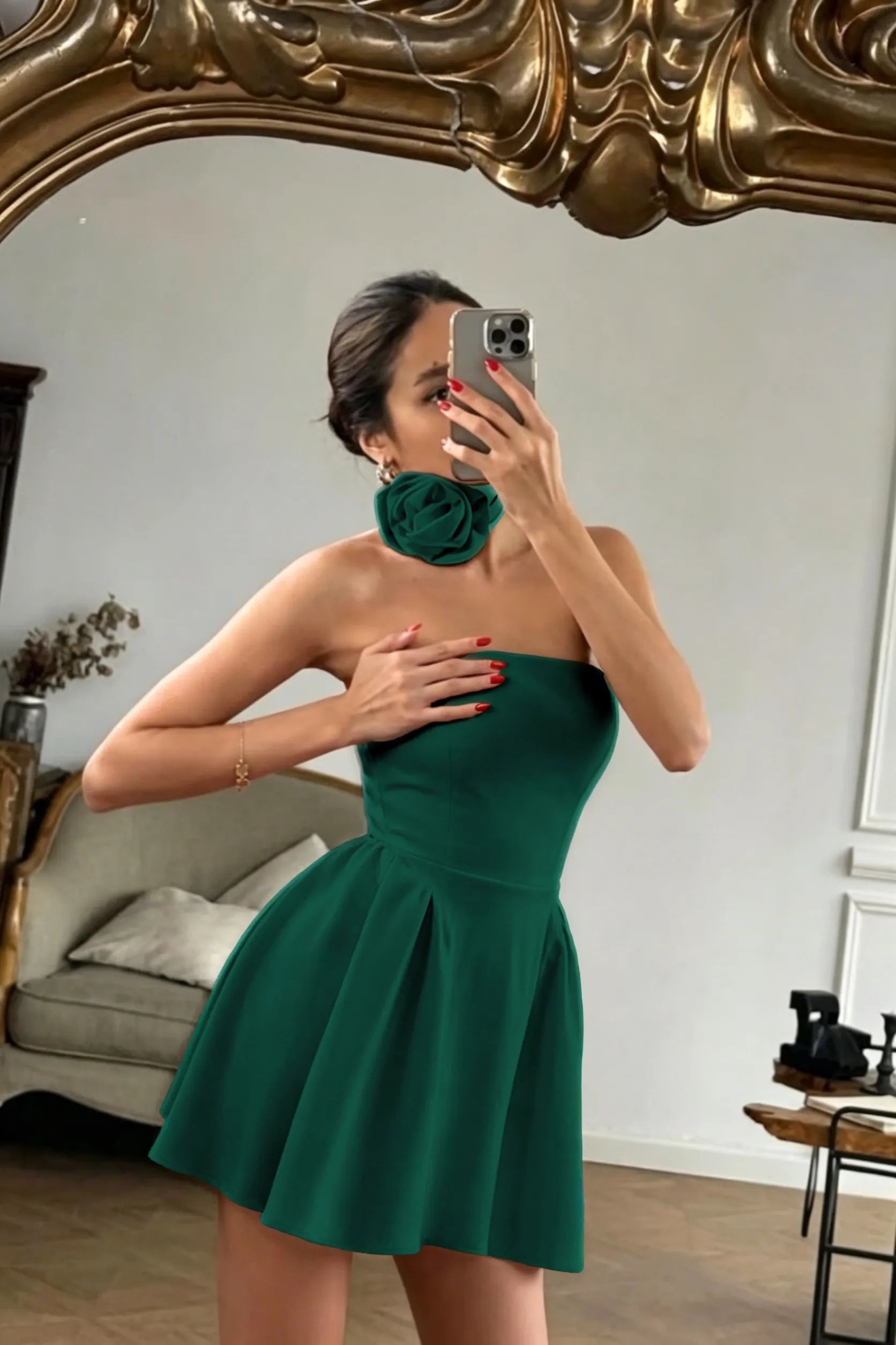 Cocoslly Strapless Sleeveless High Waist Short Prom Dress With Flower | Red Satin ZT0783