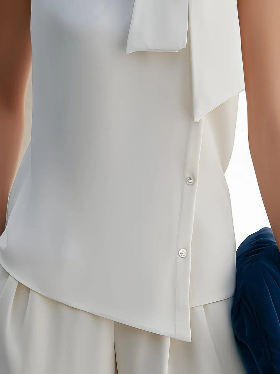 Sleeveless Asymmetric Hem Tie-Neck Blouse