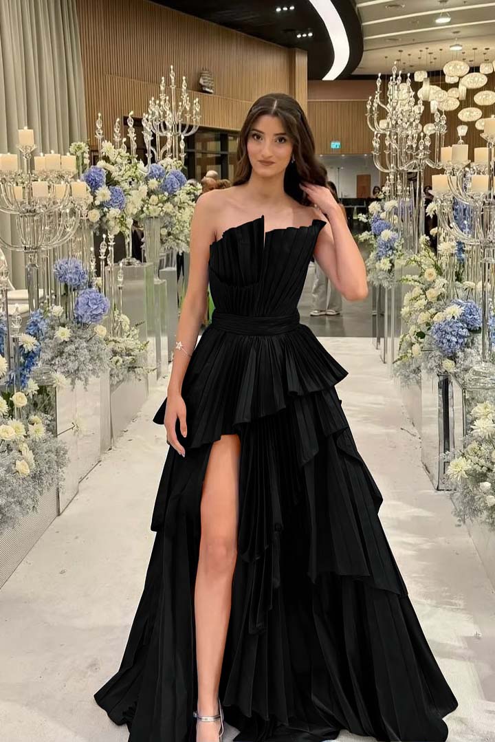 Charming Strapless Sleeveless Long Split Prom Dress With Pleated MS0456