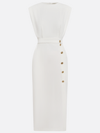 Off White Button Side-Slit Classic Crew Neck Sleeveless Sheath Midi Dress With Pockets