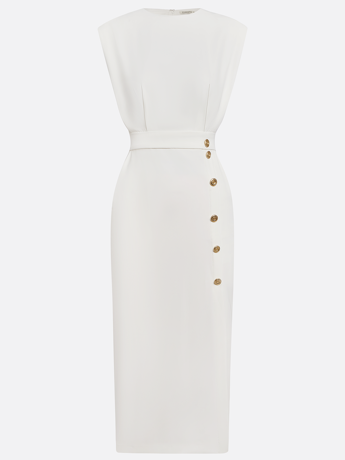Off White Button Side-Slit Classic Crew Neck Sleeveless Sheath Midi Dress With Pockets
