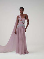 Cocoslly One Shoudler Sleeveless High Waist Long Prom Dress With Rhinstone | Ice White Chiffon YK1281