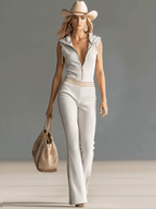 Retro Sporty Vacation Hooded Zipper V-neck Off-white Knitted Jumpsuit