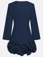 Purplish blue 3D Floral Classic Crew Neck Bell Long Sleeve Shift Mini Dress