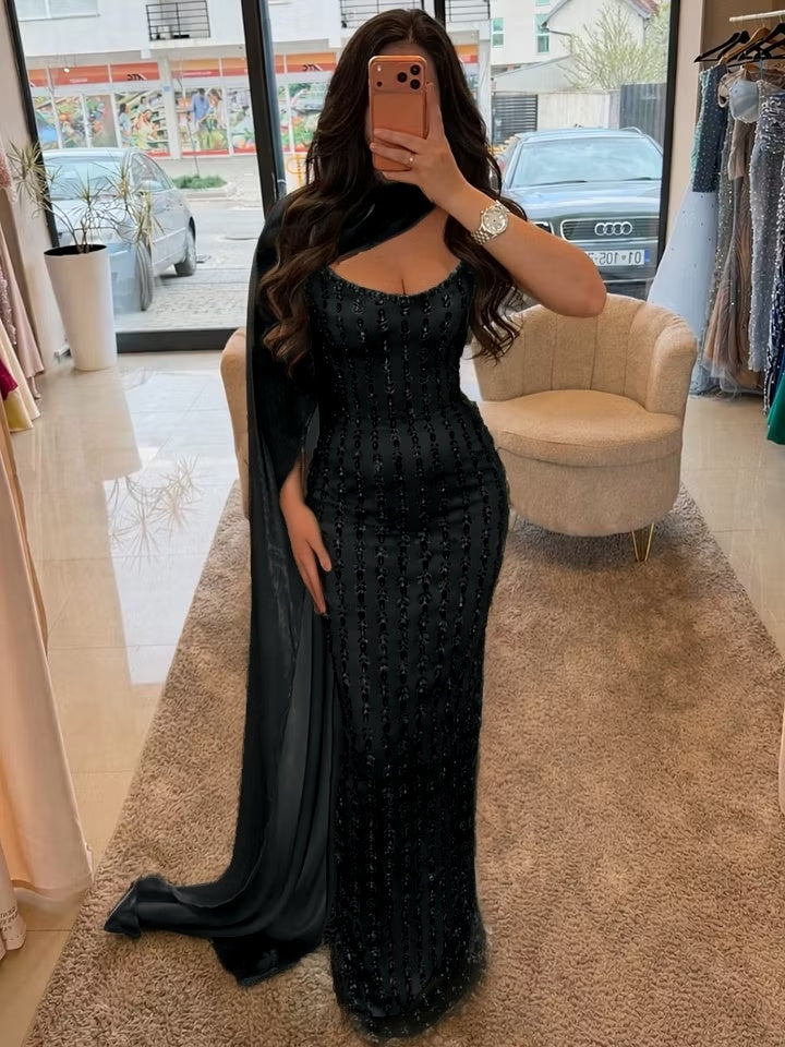 Cocoslly Strapless Sleeveless High Waist Long Prom Dress With Shawl And Rhinstone | Dusty Sage Satin YK1255
