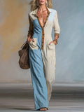 Retro Color-Block Blue Brown & Striped Button-Front Wide-Leg Cotton-Linen Jumpsuit