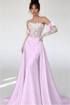 Cocoslly Strapless Sleeveless High Waist Long Mermaid Prom Dress With Long Sleeves And Lace | Blushing Pink Satin