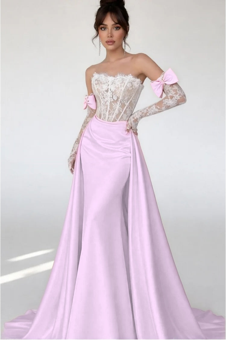 Cocoslly Strapless Sleeveless High Waist Long Mermaid Prom Dress With Long Sleeves And Lace | Blushing Pink Satin