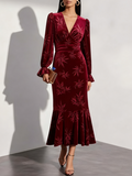 Wine Red Embossed Jacquard Velvet V Neck Long Sleeve Bell Sleeve Mermaid Maxi Dress