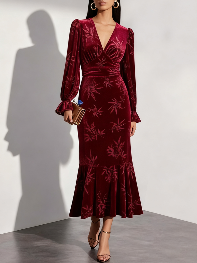 Wine Red Embossed Jacquard Velvet V Neck Long Sleeve Bell Sleeve Mermaid Maxi Dress