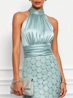 Women Light Green Satin Ruched Halter Neck Sleeveless A-Line Midi Dresses