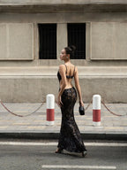 Cocoslly Spaghetti Straps V Neck Sleeveless Long Mermaid Prom Dress | Black Lace CO0018