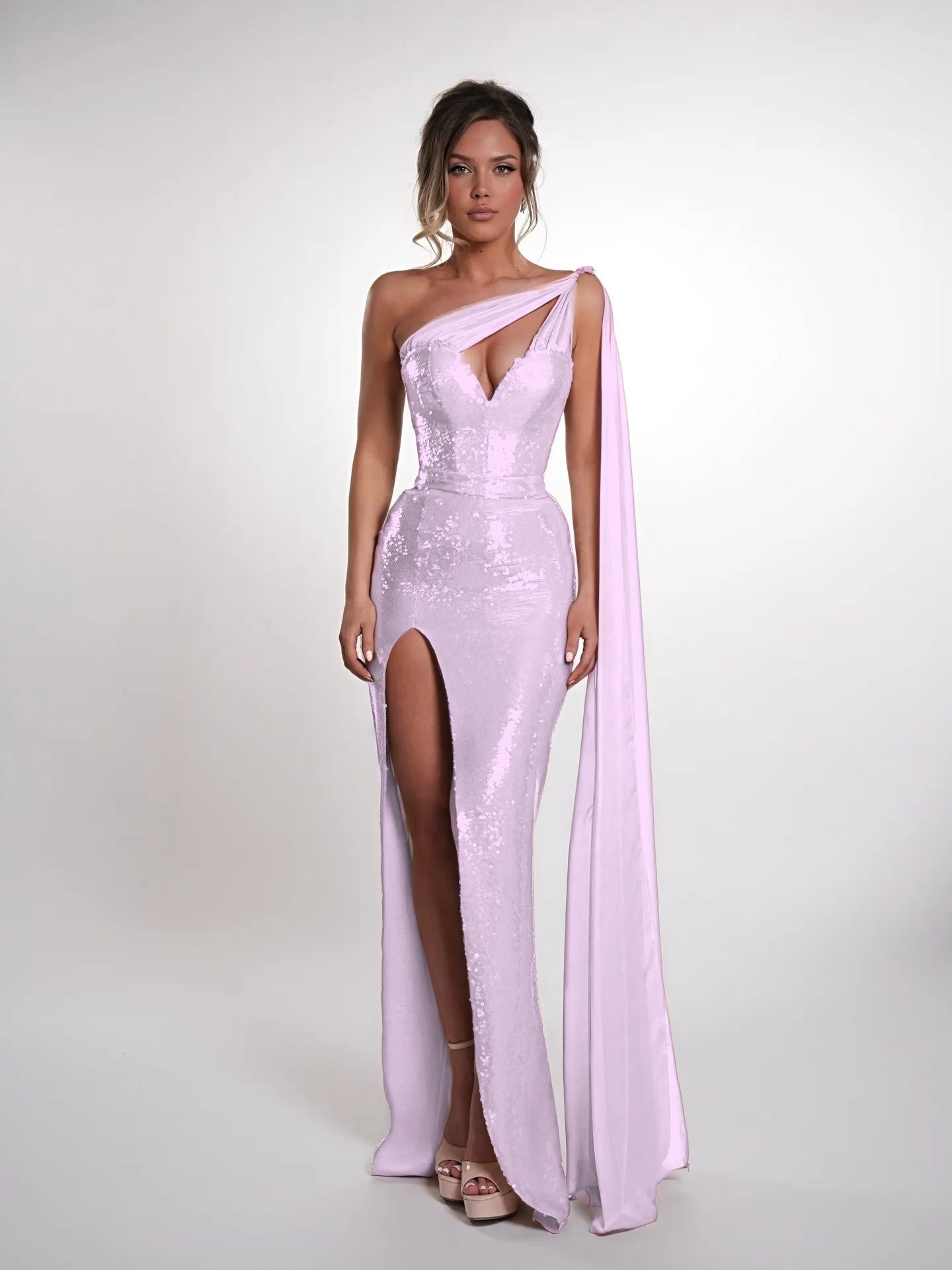 Cocoslly One Shoulder Sleeveless High Waist Long Prom Dress With Deep Split | Nude Sequins JZ0150